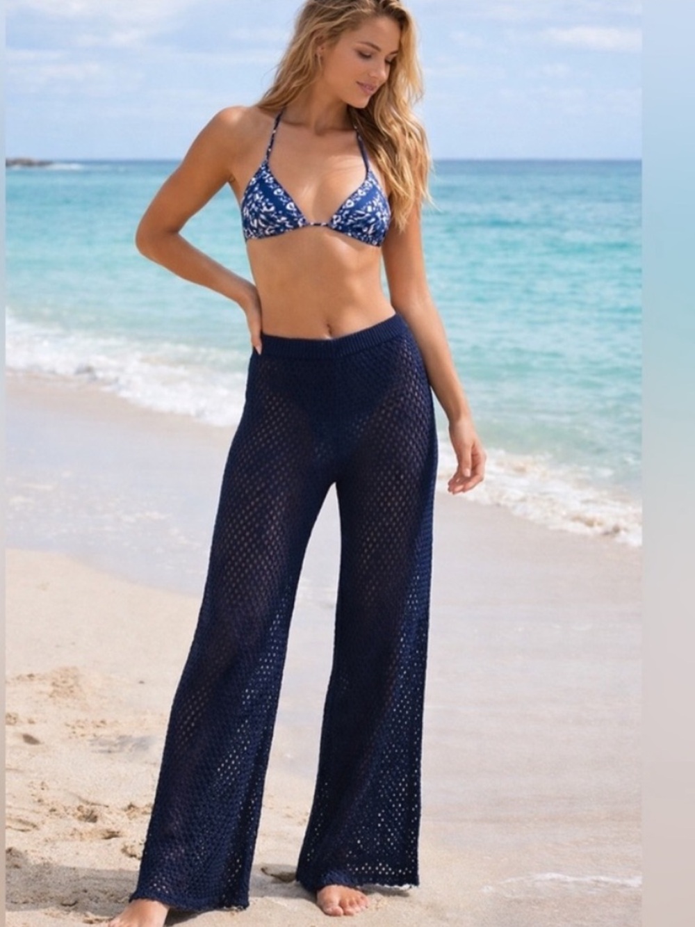 NWT Shade & Shore Navy Crochet Wide-Leg Bikini Coverup Pants